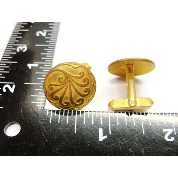 Round Cufflinks Gold Tone Unique Design Tux Shirt Dress Suit Vintage - Picture 6 of 7